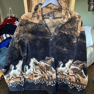 MAZMANIA Zip-up Fleece Jacket Size Large BLACK/BROWN Horses